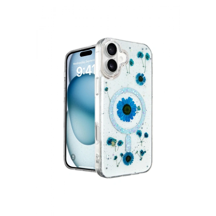 İphone 16 Kılıf Daisy Simli Magsafe Kapak - Mavi