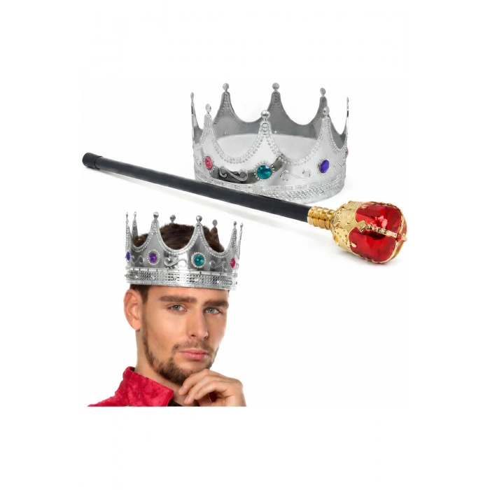 Gümüş Kral Tacı Kraliyet Tacı 60 Cm Ve Kırmızı Topuzlu Kral Asası Seti