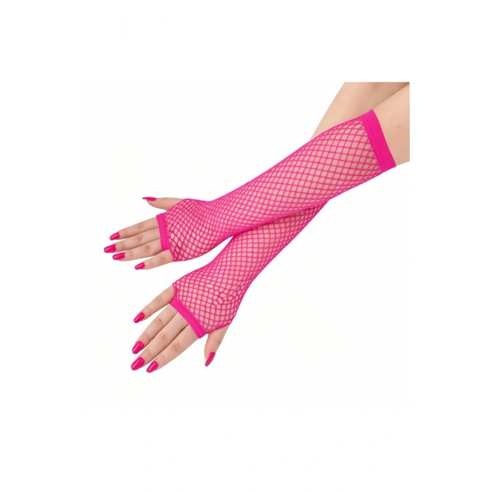 80’ler 90’lar Retro Neon Fuşya Şeker Pembesi File Parmaksız Eldiven 26 Cm