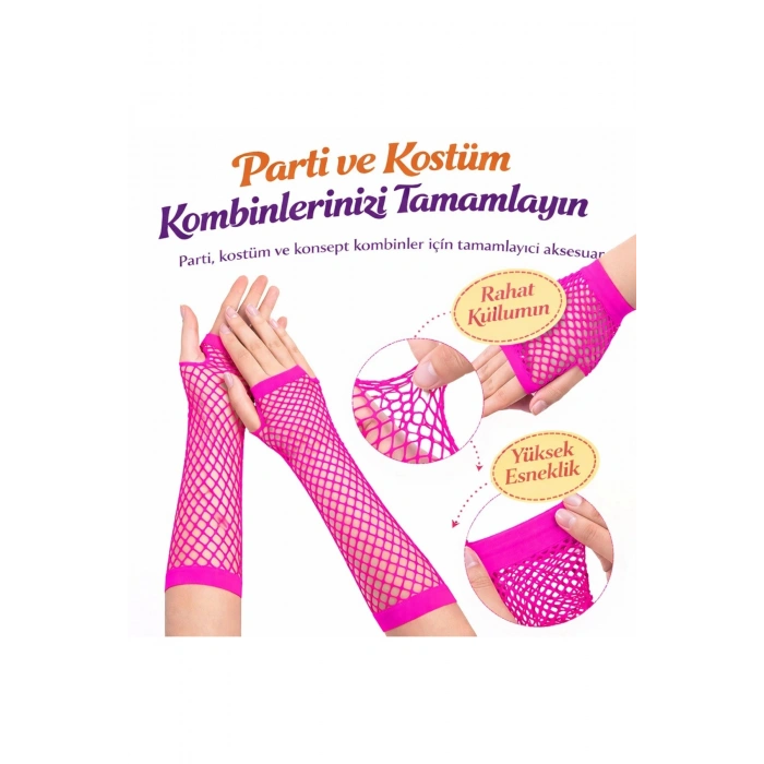 80’ler 90’lar Retro Neon Fuşya Şeker Pembesi File Parmaksız Eldiven 26 Cm