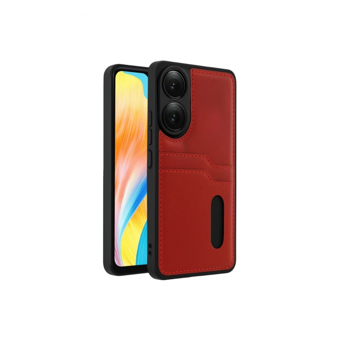 Oppo A38 Sara Kartvizitli Deri Kılıf - Kırmızı