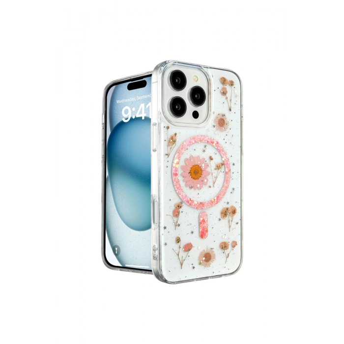 İphone 16 Pro Kılıf Daisy Simli Magsafe Kapak - Pembe