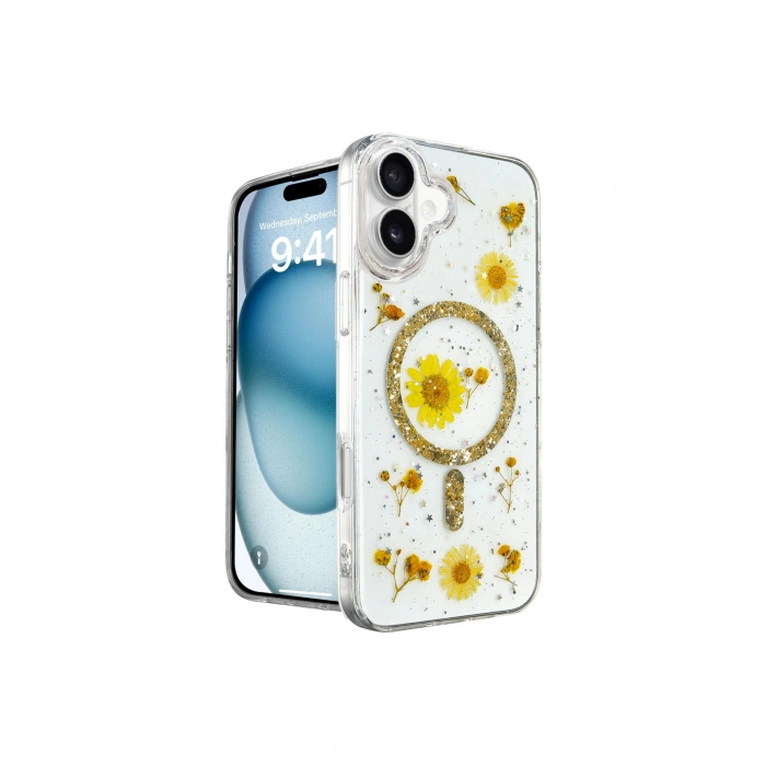 İphone 16 Kılıf Daisy Simli Magsafe Kapak - Gold