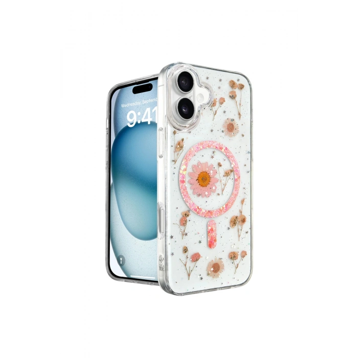 İphone 16 Kılıf Daisy Simli Magsafe Kapak - Pembe