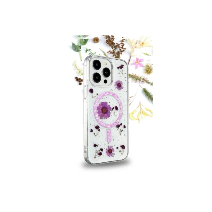 İphone 16 Kılıf Daisy Simli Magsafe Kapak - Pembe