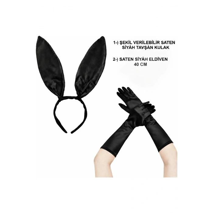 Siyah Parlak Tavşan Kulak Ve 40 Cm Parlak Siyah Eldiven Kostüm Seti