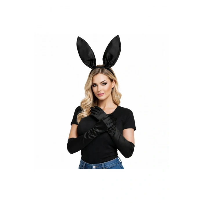Siyah Parlak Tavşan Kulak Ve 40 Cm Parlak Siyah Eldiven Kostüm Seti
