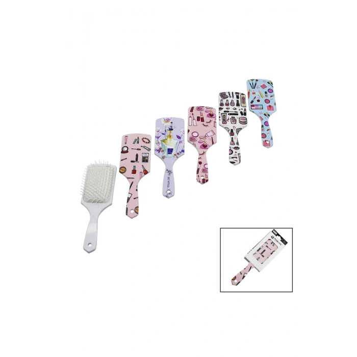 SAÇ FIRÇASI - TARAK PLASTİK RENKLİ DESENLİ SAP - BEYAZ FIRÇA KILLARI (5324)