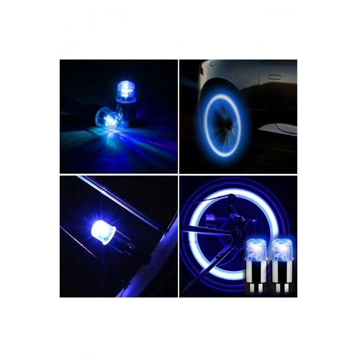 Araç ve Bisiklet İçin 2’li Mavi LED Hava Valfi Işık Kapakları–Gece Parlayan Lastik Lambası Sibop Kap