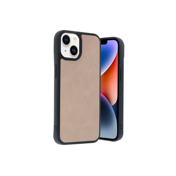 İphone 14 Kılıf Aras Deri Kapak - Pudra