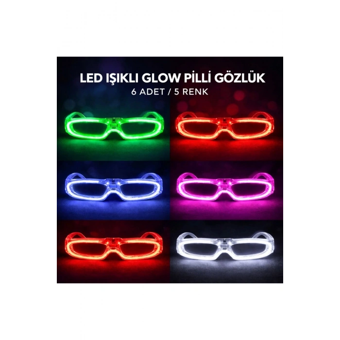 Led Işıklı Glow Pilli Parti Gözlüğü - Glow Efektli 6 Adet 5 Renk