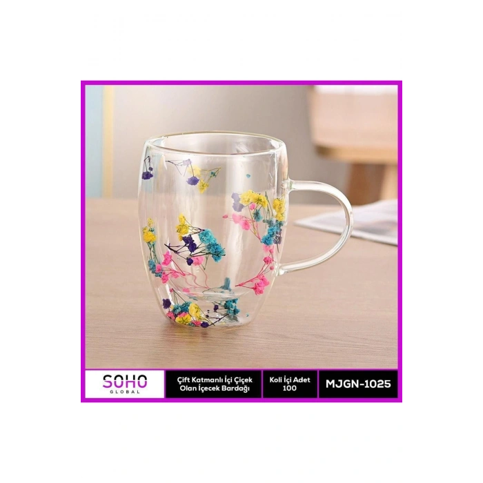Çift Katmanlı İçinde Çiçek Olan Bardak