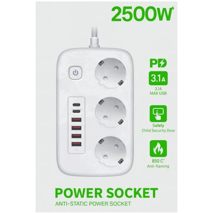 akım Korumalı Priz Ve Masaüstü Şarj İstasyonu Kablosuz 3 Priz ,4 Usb, 2 Type-c Girişli 2 Metre