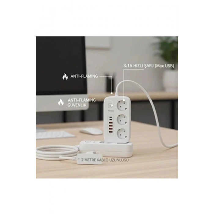 akım Korumalı Priz Ve Masaüstü Şarj İstasyonu Kablosuz 3 Priz ,4 Usb, 2 Type-c Girişli 2 Metre