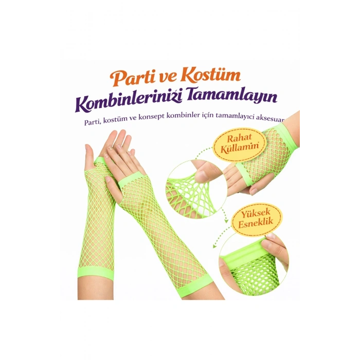 80’ler 90’lar Retro Neon Yeşil File Parmaksız Eldiven 26 Cm