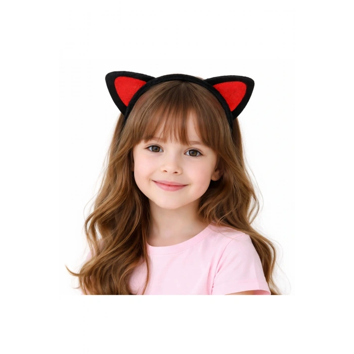 Peluş Kedi Kulak Taç Kırmızı Siyah – Çocuk Parti Kostüm Tacı