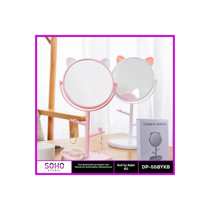 Oval Kedi Kulaklı Takı Organizer Ayna