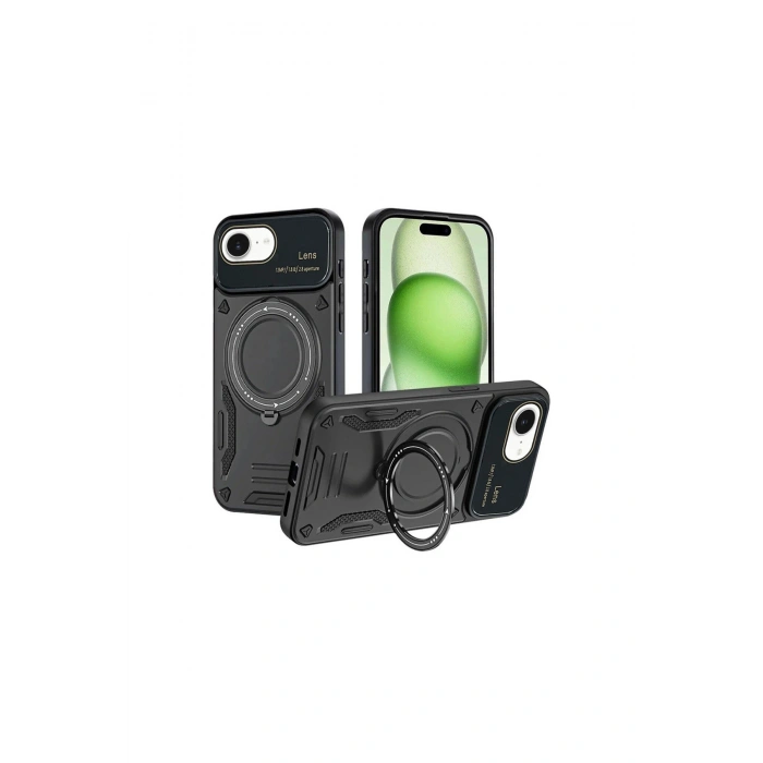 İphone 16e Kılıf Joy Lens Standlı Kapak - Siyah