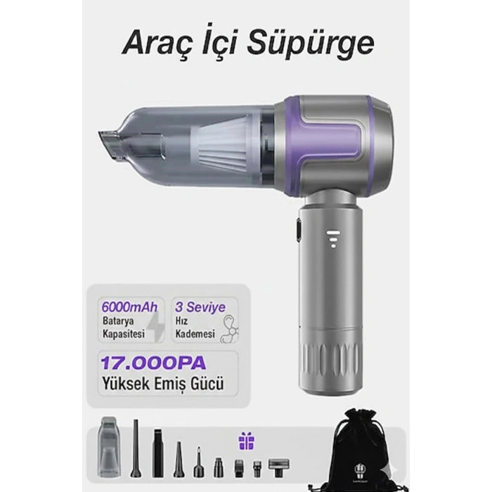 Kablosuz Taşınabilir Araç İçi El Süpürgesi 17000pa Güçlü Vakum 4’ü 1 Arada Çok Amaçlı Temizlik