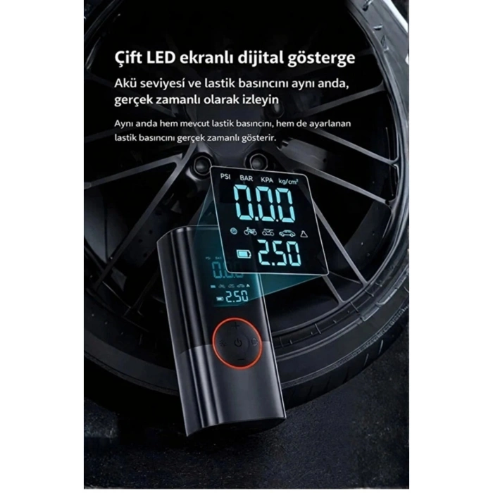 St-9650 Şarjlı 10.000 Mah Taşınabilir Araç Hava Kompresörü Akü Takviyeli Dijital Ekranlı Işıklı Çant