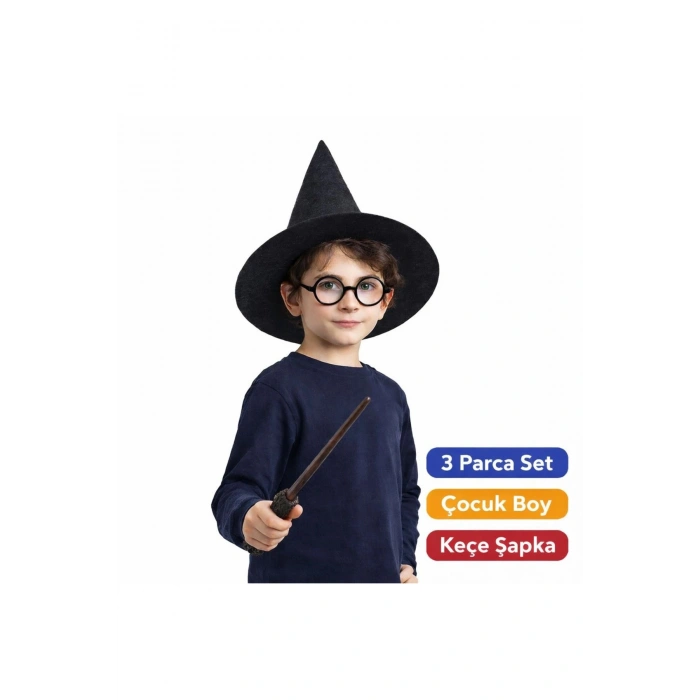 Harry Potter Tarzı Çocuk Seti (siyah Keçe Şapka, Asa, Gözlük)