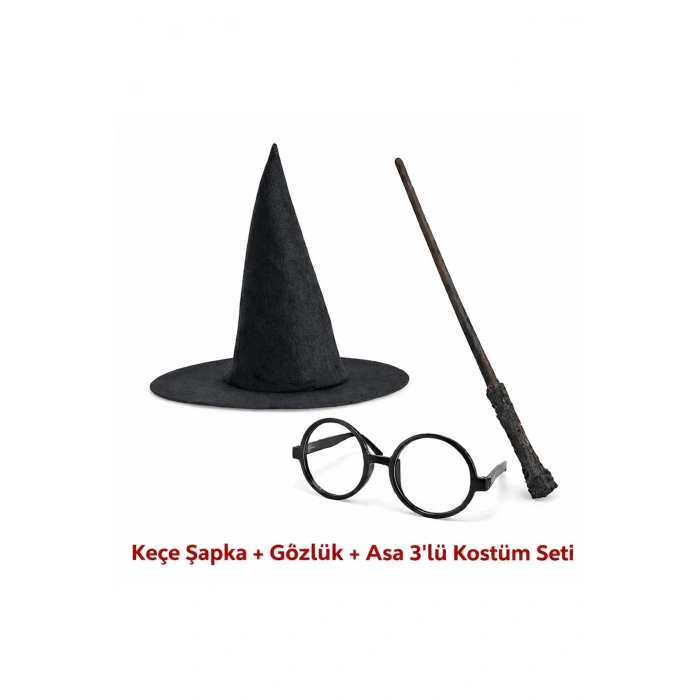 Harry Potter Tarzı Çocuk Seti (siyah Keçe Şapka, Asa, Gözlük)