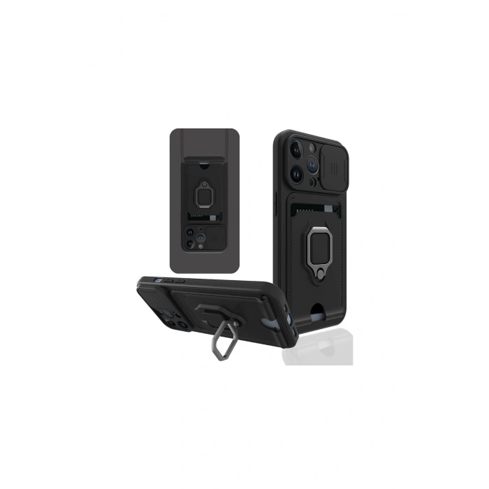 İphone 13 Pro Kılıf Zuma Kartvizitli Yüzüklü Silikon - Siyah