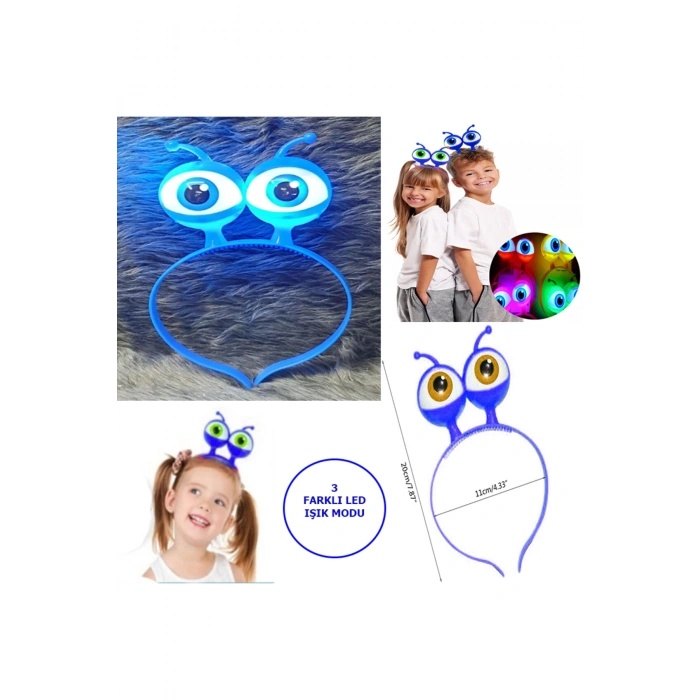 Led Işıklı &amp; Pilli 3 Farklı Modda Yanan Uzaylı Göz Parti Tacı Mavi Renk 18x12 cm (5324)