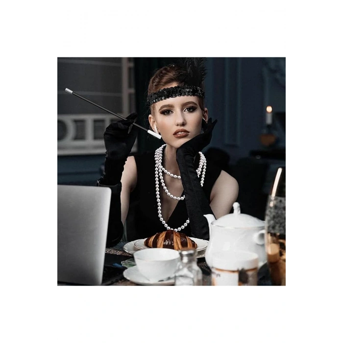 1920'ler Gatsby Aksesuar Seti – Siyah Charleston Saç Bandı, Uzun Eldiven &amp; Siga