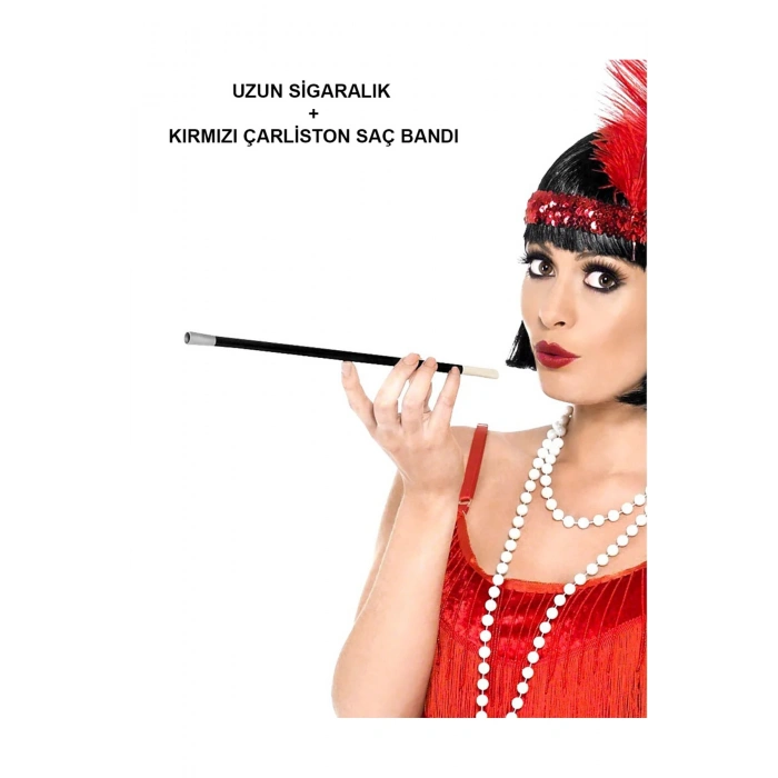 1920'ler 1990'lar Gatsby Kadın Aksesuar Seti – Kırmızı Charleston Saç Bandı ve Sig