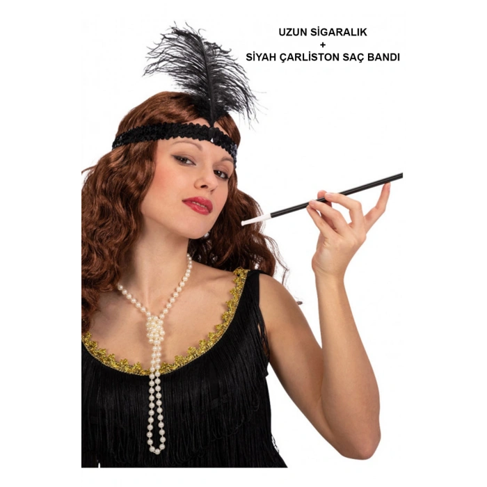 1920'ler Gatsby Aksesuar Seti – Siyah Charleston Saç Bandı &amp; Sigaralık (5324)