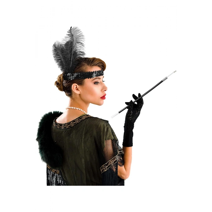 1920'ler Gatsby Aksesuar Seti – Siyah Charleston Saç Bandı &amp; Sigaralık (5324)