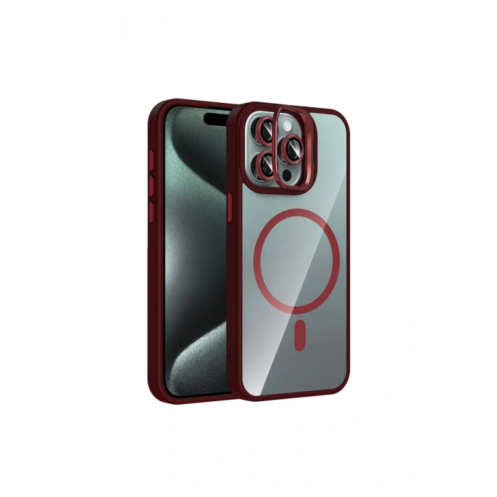 Joko İphone 14 Pro Max Remim Lensli Magsafe Standlı Kapak - Bordo