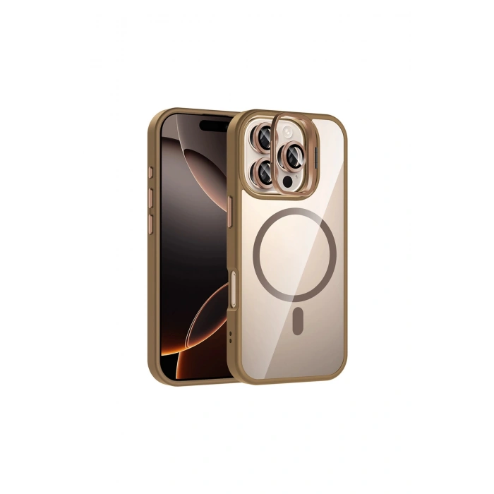 Joko İphone 16 Pro Max Remim Lensli Magsafe Standlı Kapak - Kahverengi