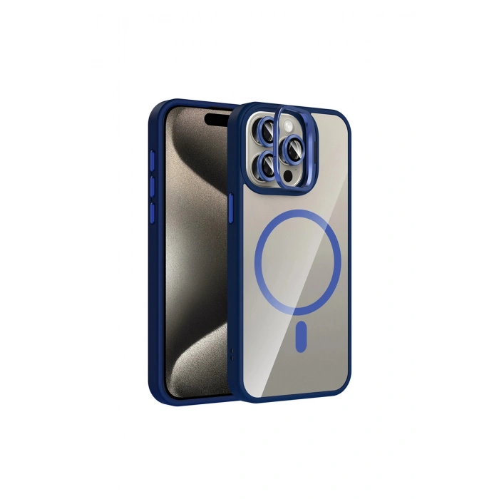 Joko İphone 15 Pro Max Remim Lensli Magsafe Standlı Kapak - Lacivert
