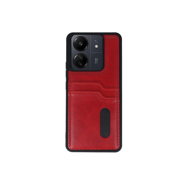 Redmi 13c Kılıf Sara Kartvizitli Deri Kılıf - Kırmızı