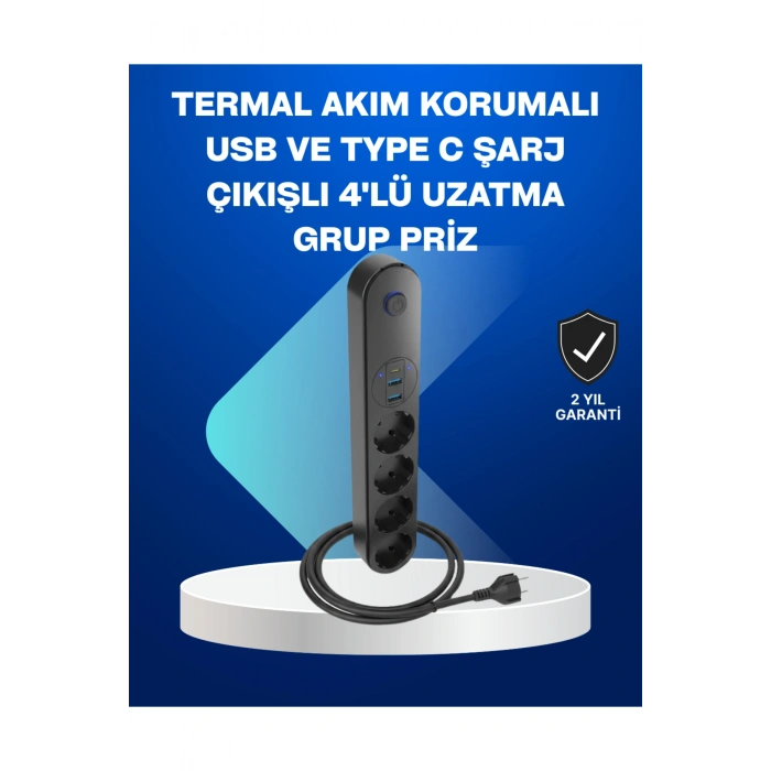 Akıllı Akım Dengelemeli 4’lü Çoklu Priz Type-C ve USB Çıkışlı