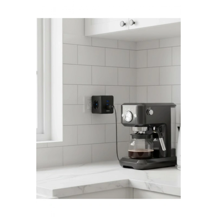 Akım ve Voltaj Korumalı Küp Priz 3 USB Destekli