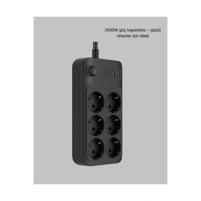 Termal Akım Korumalı 6’lı Uzatma Priz USB Type-C Hızlı Şarj 2500W