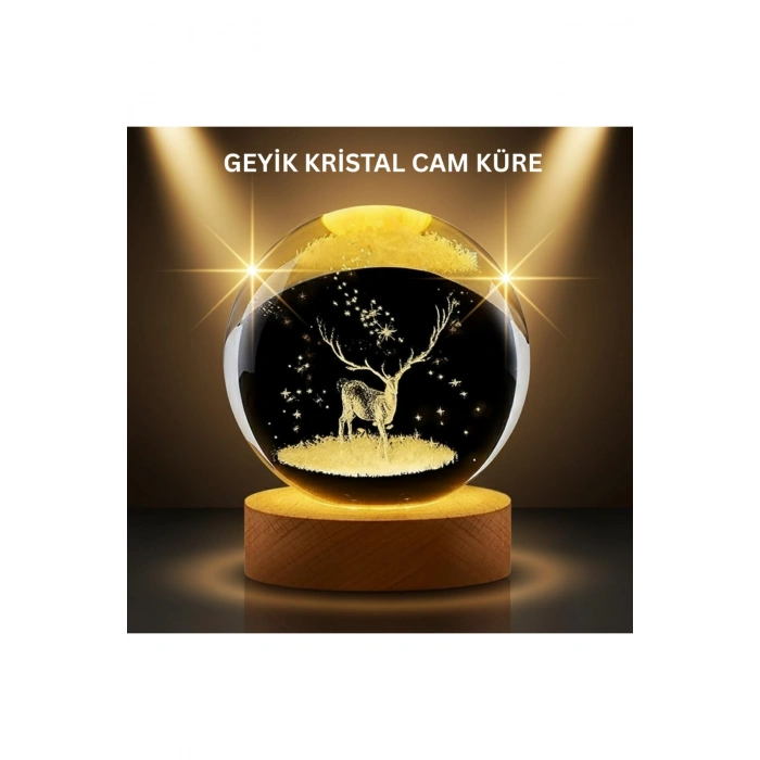 LED Işıklı Geyikli Kristal Küre Ahşap Standlı Modern Dekor Lamba
