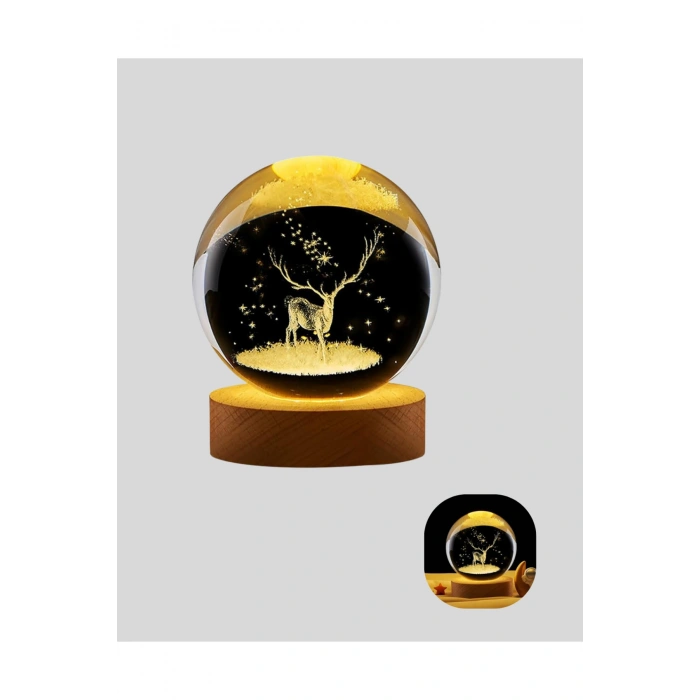 LED Işıklı Geyikli Kristal Küre Ahşap Standlı Modern Dekor Lamba