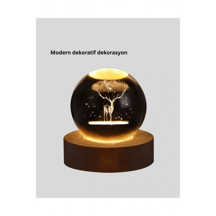 LED Işıklı Geyikli Kristal Küre Ahşap Standlı Modern Dekor Lamba
