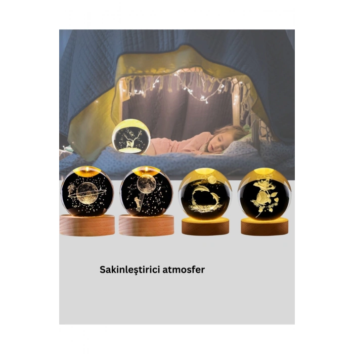 LED Işıklı Geyikli Kristal Küre Ahşap Standlı Modern Dekor Lamba