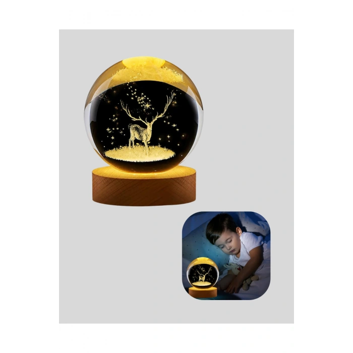 LED Işıklı Geyikli Kristal Küre Ahşap Standlı Modern Dekor Lamba