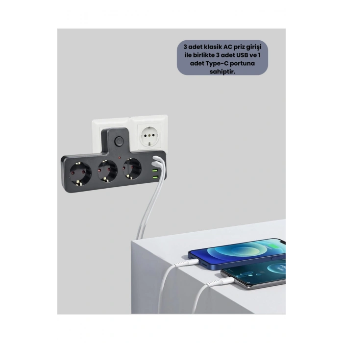 USB ve Type-C Portlu Anahtarlı Çoklu Priz Güç Ünitesi