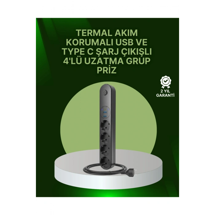 4 Priz 2 USB 1 Type-C Akım Korumalı Çoklu Priz Led Anahtarlı