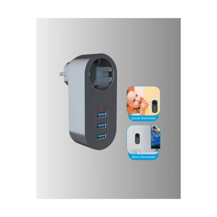 2500W Güç Destekli Akım Korumalı Priz – 3 USB Çıkışlı