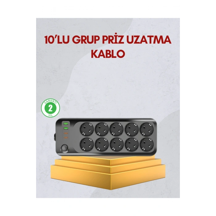 10 Prizli Uzatma Kablosu Termal Koruma USB Type-C Hızlı Şarj 2500W