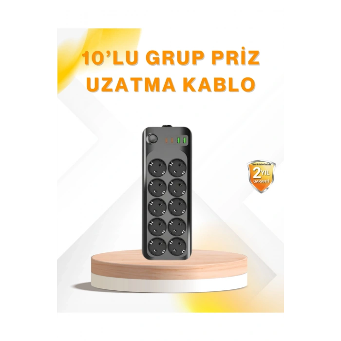 10’lu Çoklu Priz Termal Korumalı USB Type-C Çıkışlı 2500W Uzatma Kablosu