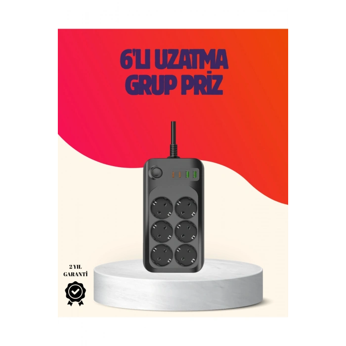 USB Type-C Destekli Termal Korumalı 6’lı Uzatma Priz 10A 2m